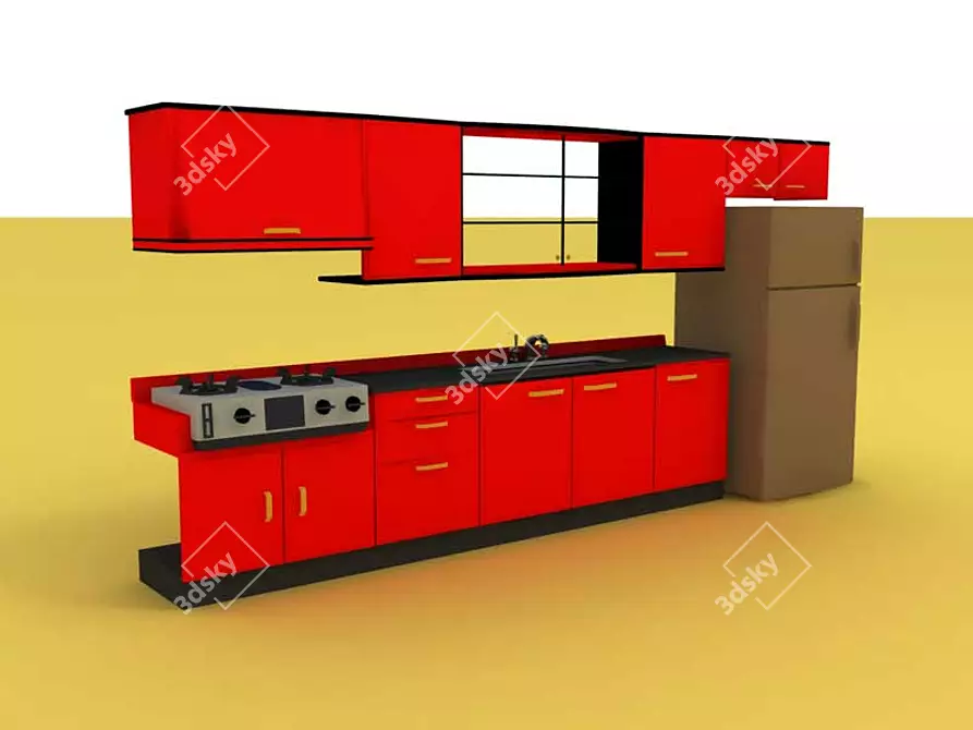 Red Stylish Kitchen 3D model image 1