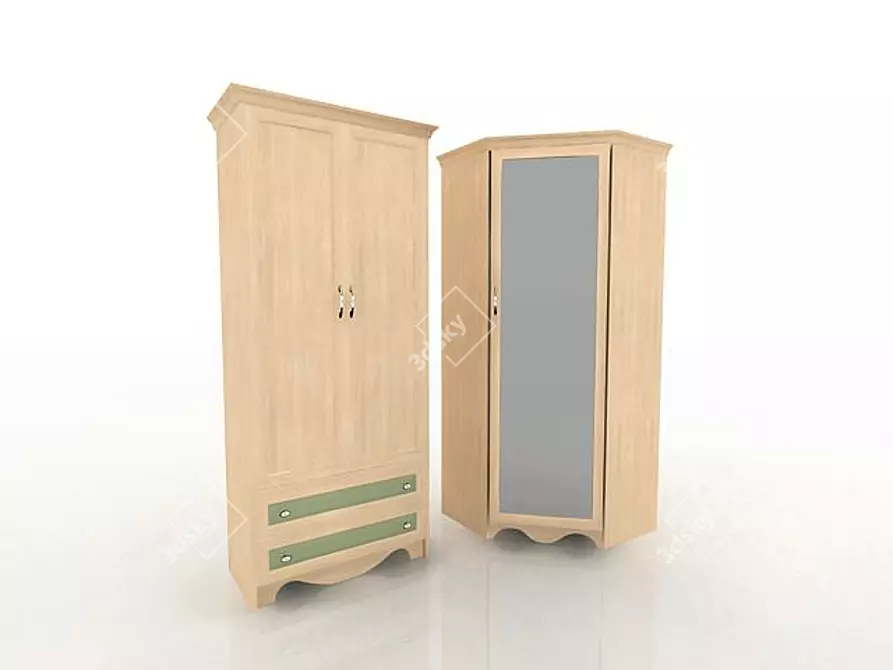 Corner Oak Wardrobe with Mirror, 2 Doors and 2 Drawers 3D model image 1