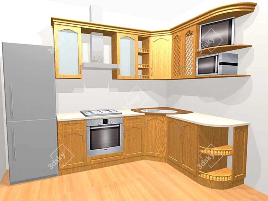 Oak Wood Kitchen with Liquid Stone Countertop 3D model image 1