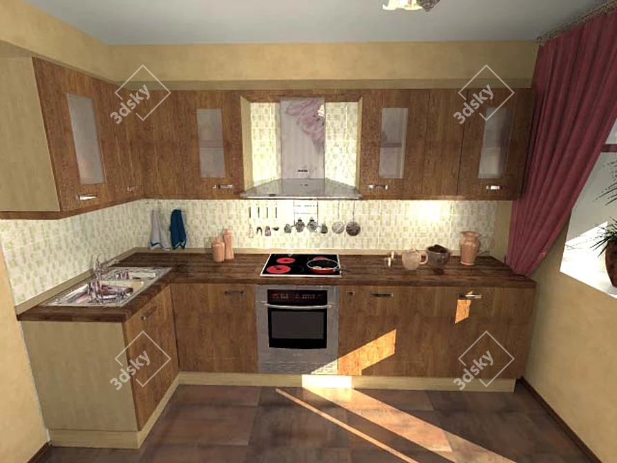 Corner Wooden Kitchen Cabinet 3D model image 1