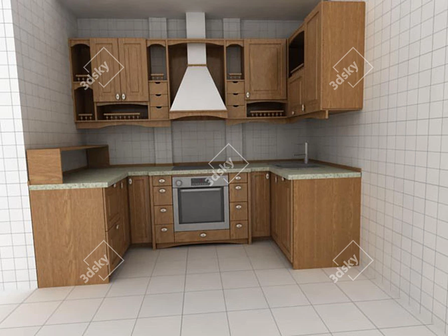 Classic Oak P-Shaped Kitchen 3D model image 1