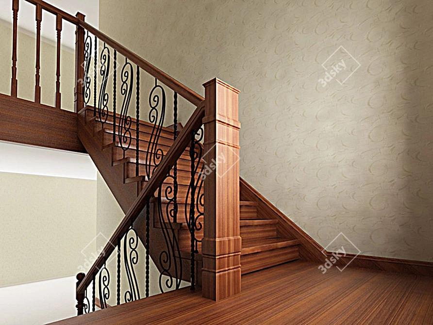 Elegant Wrought Iron and Wood Balustrade Ladder 3D model image 1