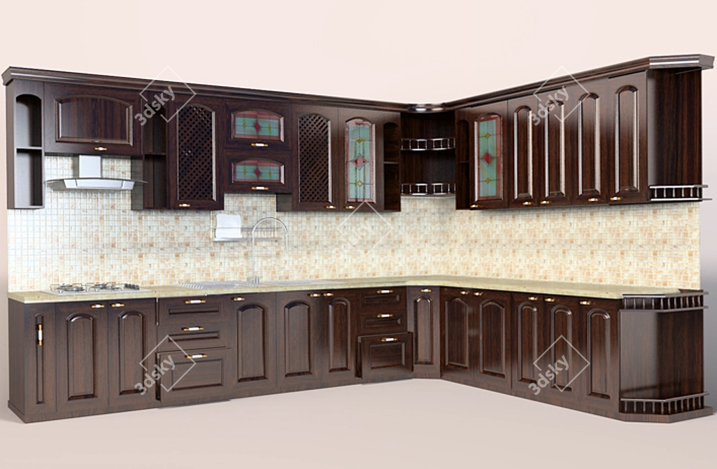 Classic Walnut Kitchen 3D model image 1