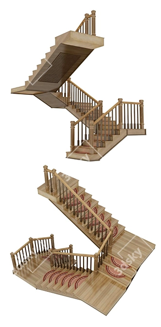 4-Flight Wooden Stairs 3D model image 1