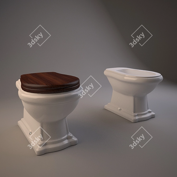 Retro Toilet & Bidet Set 3D model image 1