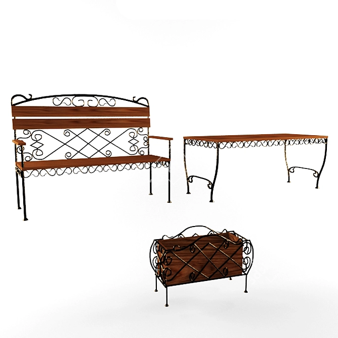 Outdoor Wrought Iron Collection: Table, Bench, Planter 3D model image 1
