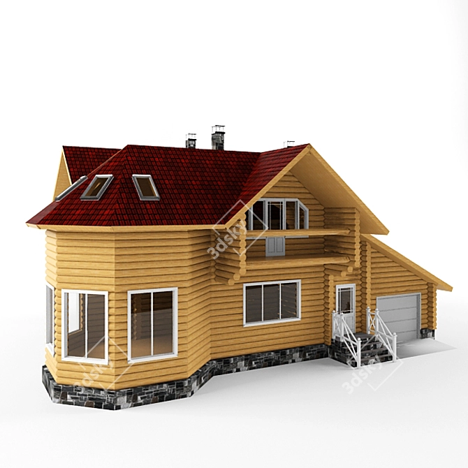 Wooden Two-Storey House with Garage and Veranda 3D model image 1
