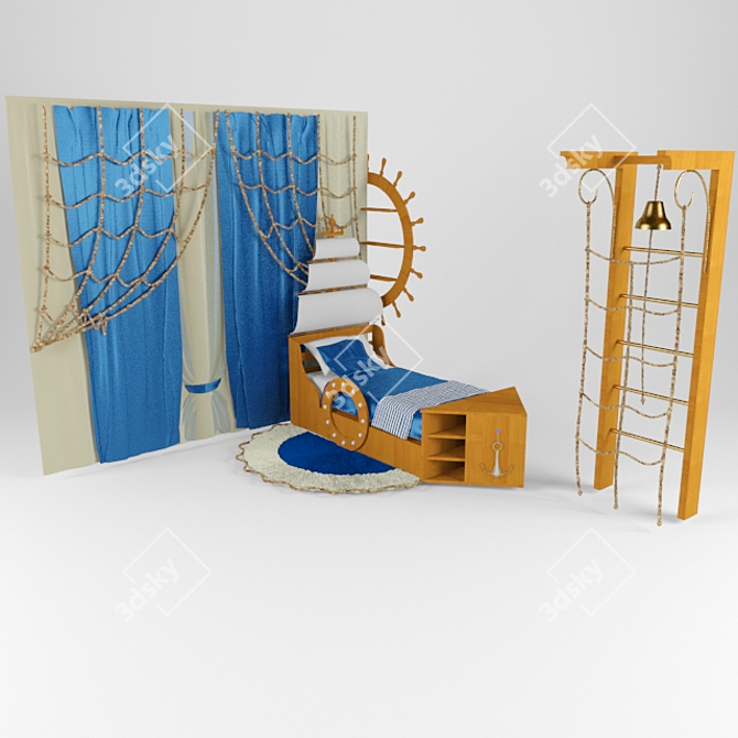 Title: Nautical Nursery Elements: Bedding, Pillows, Anchors & Curtains 3D model image 1