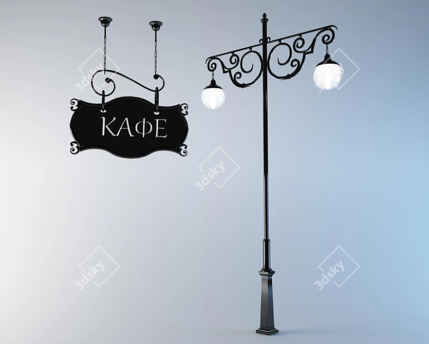 Vintage Street Signboard and Lamp 3D model image 1