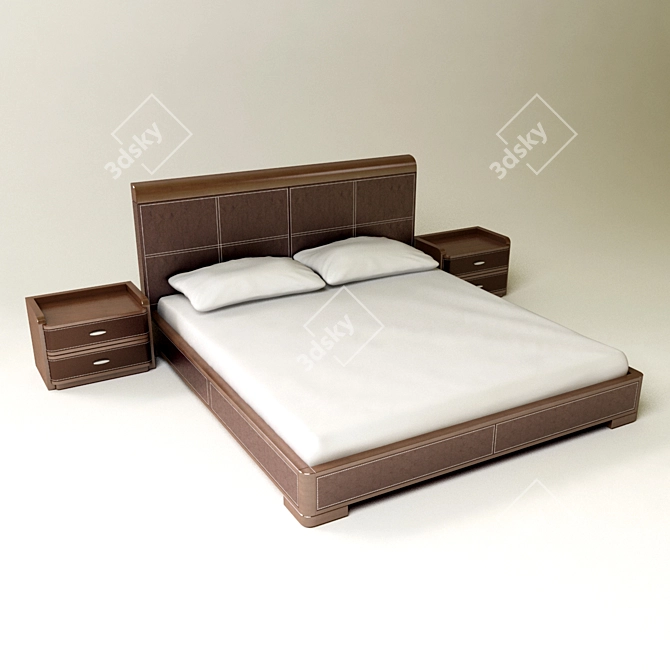 Elegant Wooden Bed with Leather Accents 3D model image 1