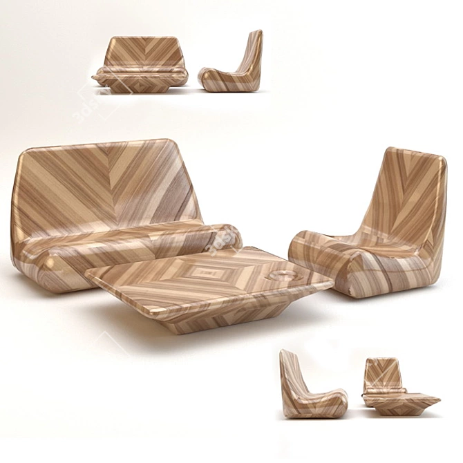 Wooden Daybed Set + Table 3D model image 1