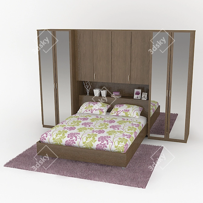 Elegant Bedroom Set with Bed, Wardrobes, and Overhead Module 3D model image 1