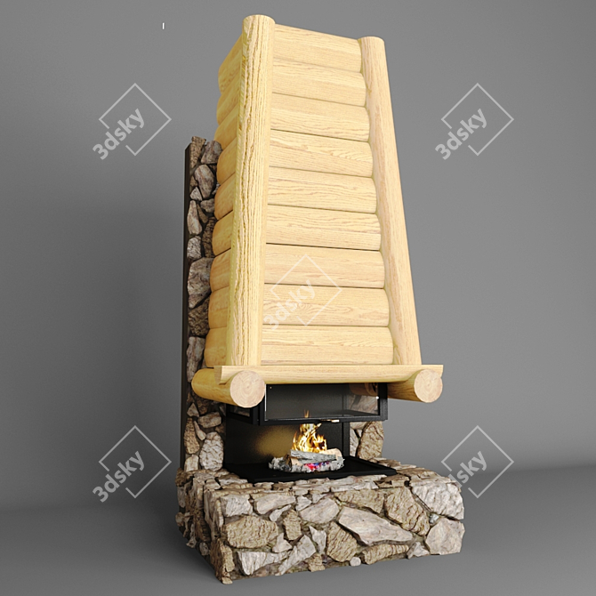 Ethnic Stone and Wood Fireplace 3D model image 1