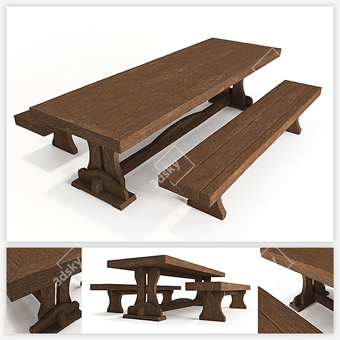 Vintage Wooden Table Set 3D model image 1