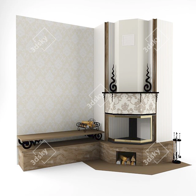 Elegant Corner Wrought Iron Fireplace 3D model image 1