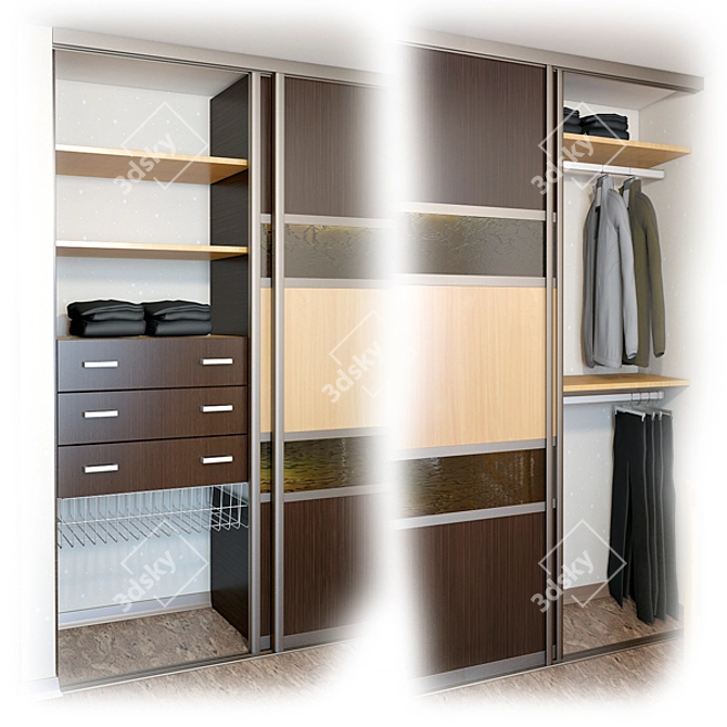 Integrated Wardrobe with Shelves, Baskets & Hanging Rods 3D model image 1