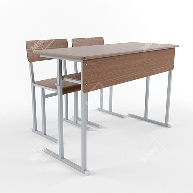 School Desk Set with Front Panel Shelf 3D model image 1