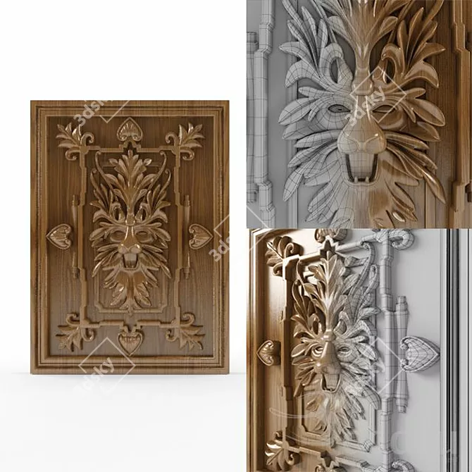 Wooden Lion Head Relief Sculpture 3D model image 1