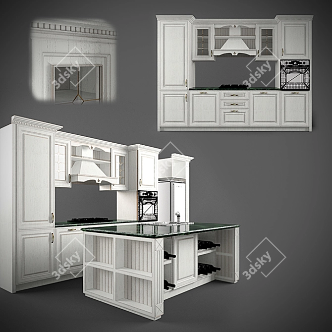 Elegant Oak Kitchen with Patina 3D model image 1