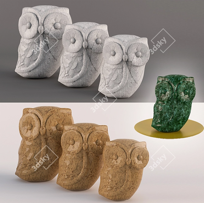 Marble and Malachite Owl Figurines 3D model image 1