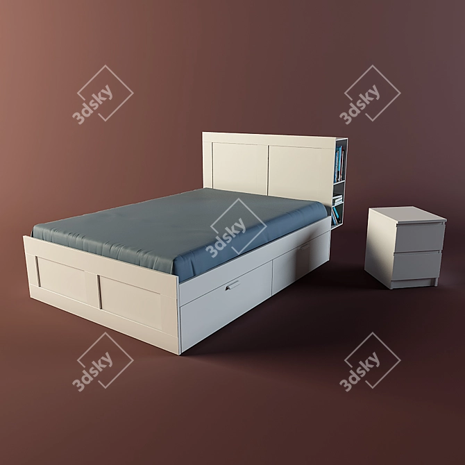 Ikea Brimnes Bed with Headboard & Malm Chest 3D model image 1