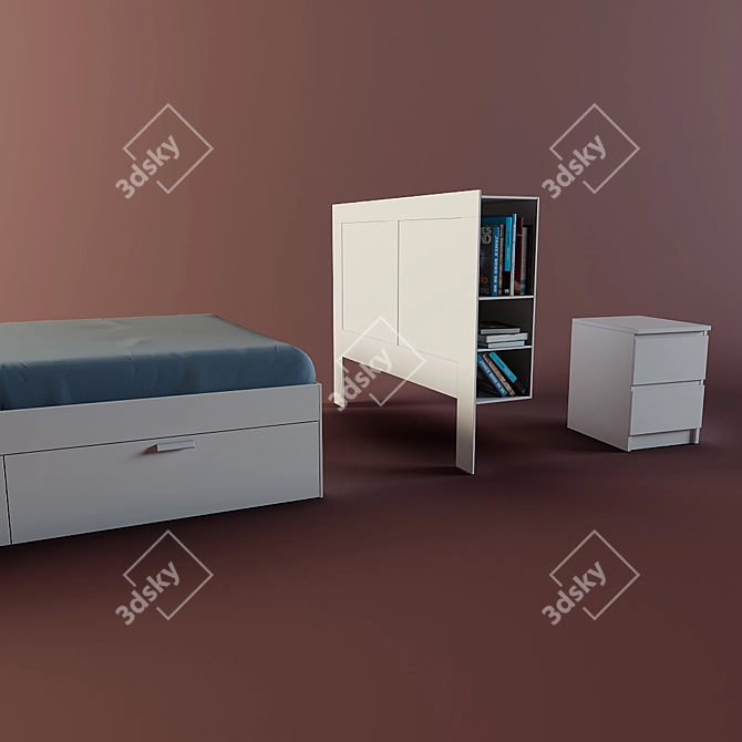 Ikea Brimnes Bed with Headboard & Malm Chest 3D model image 2