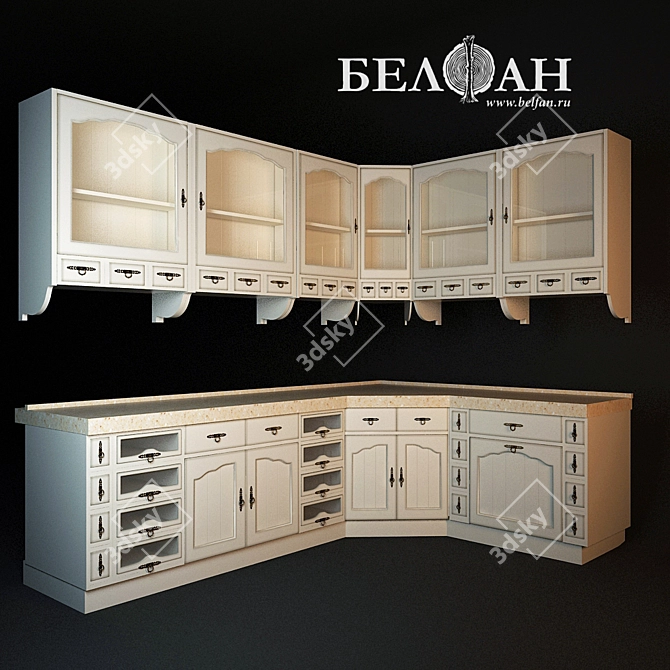 Title: Cream Oak Trouville Kitchen 3D model image 1