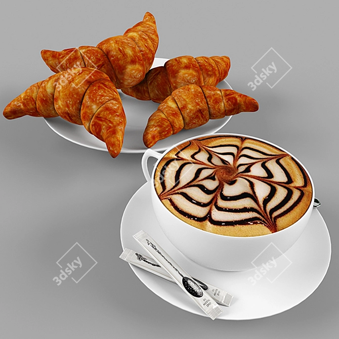 Morning Indulgence: Cup and Croissant 3D model image 2