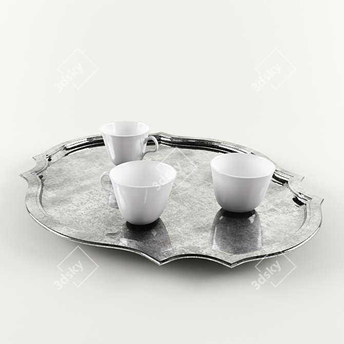 Vintage Silver Tray & Pottery Cups 3D model image 1