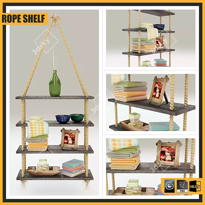 Rustic Rope Shelf: Organize Décor & Essentials 3D model image 2