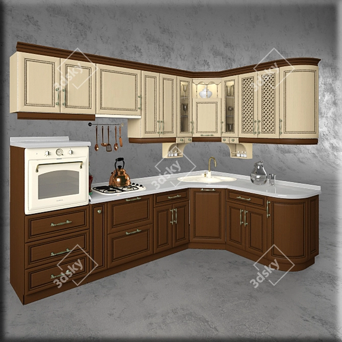 Elegant Oak Classic Kitchen 3D model image 1