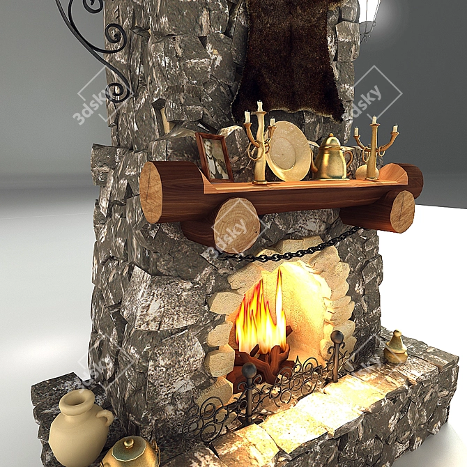 Antique Brick Fireplace with Decorative Stone 3D model image 2