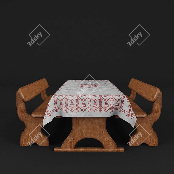 Rustic Table Set with Bench 3D model image 1