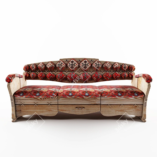 Ethnic 3-Seater Bench with Lift-Top and Drawer 3D model image 1