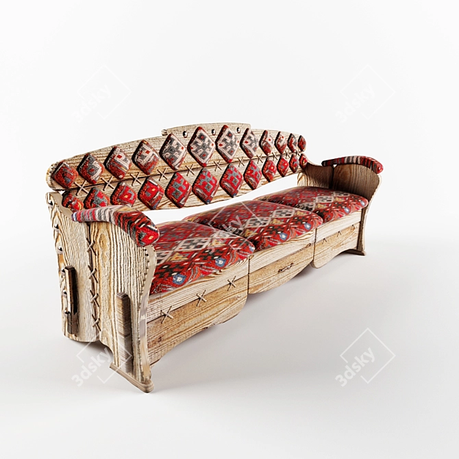 Ethnic 3-Seater Bench with Lift-Top and Drawer 3D model image 2