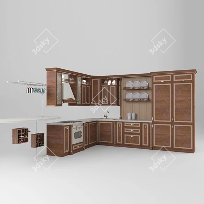 Modern Kitchen with Under-Stove Bottle Storage 3D model image 1