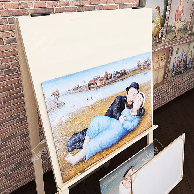 Russian Artist Paintings and Easel 3D model image 3