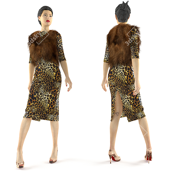 Leopard Dress with Fur Vest 3D model image 1