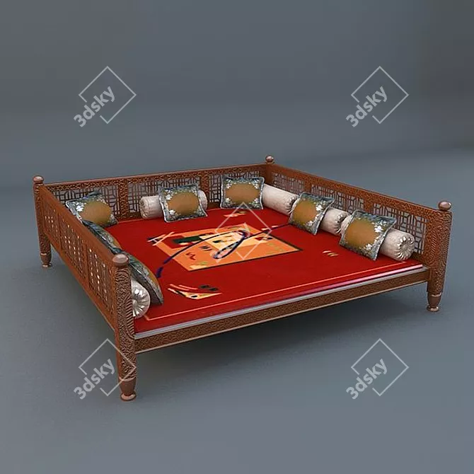 Rustic Woodcarved Trestle Bed 3D model image 1