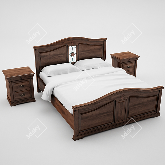 Elegant Bed and Nightstand Set 3D model image 1