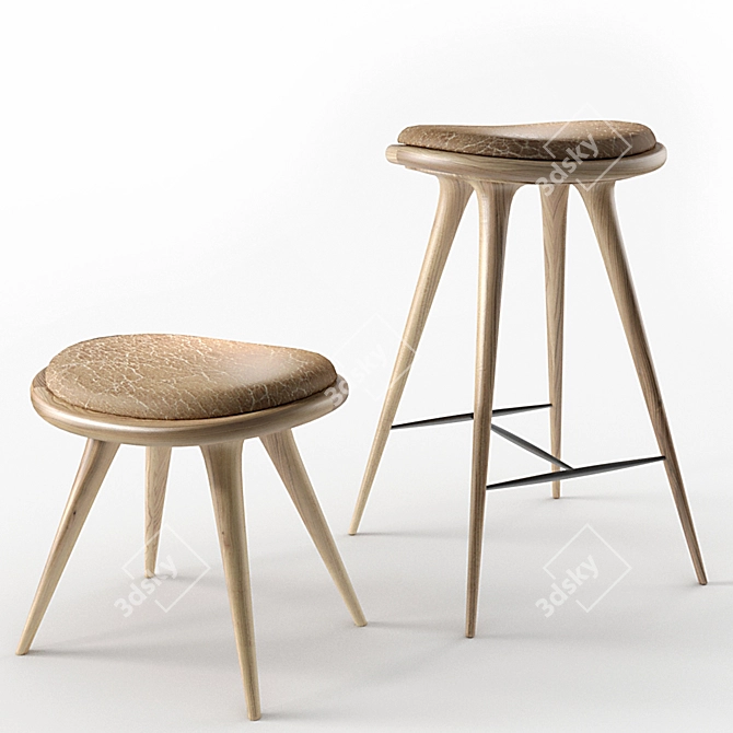 Oak Stool with Leather Seat 3D model image 1