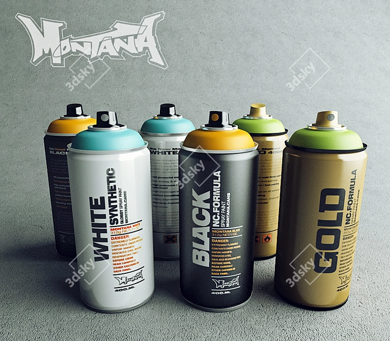 Montana Spray Cans: Black, White, Gold 3D model image 1