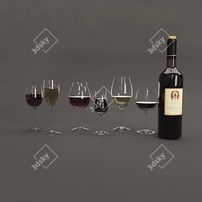 Wine Set: Bottle & Glasses 3D model image 1