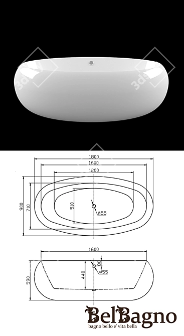 Belbagno BB18 Acrylic Oval Bathtub 3D model image 2