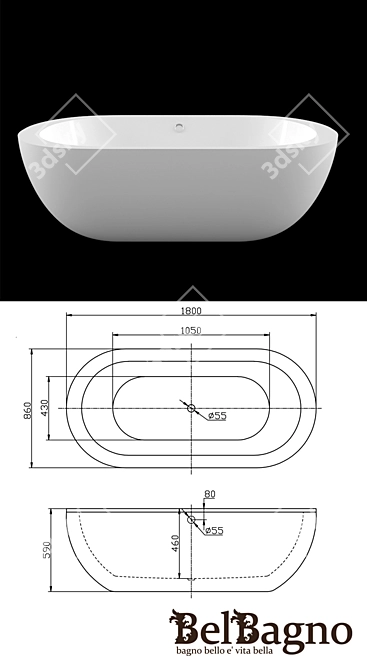 Luxurious Oval Acrylic Bathtub 3D model image 3