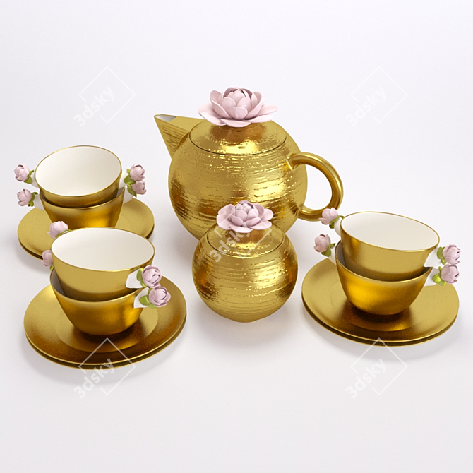 Elegant Gold-Plated Tea Set 3D model image 1