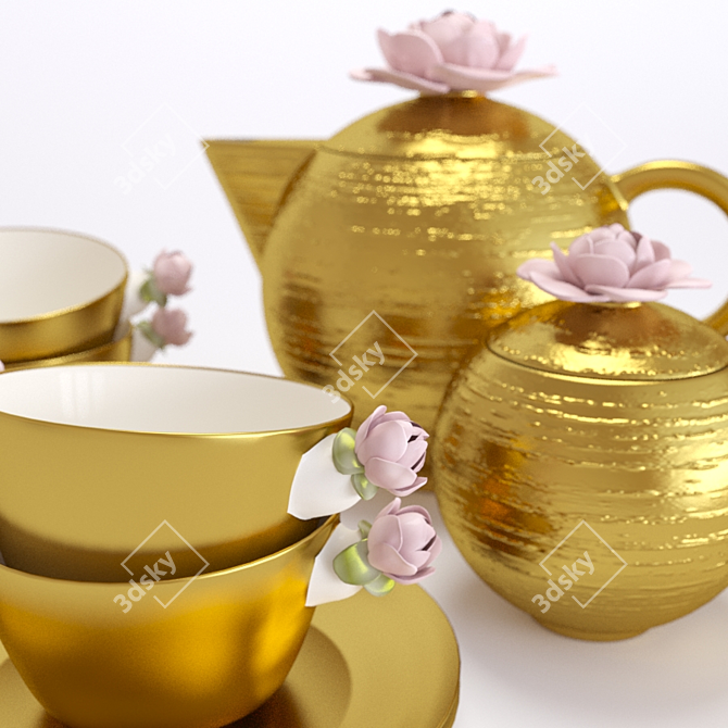 Elegant Gold-Plated Tea Set 3D model image 2