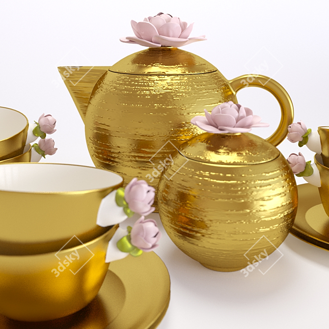 Elegant Gold-Plated Tea Set 3D model image 3