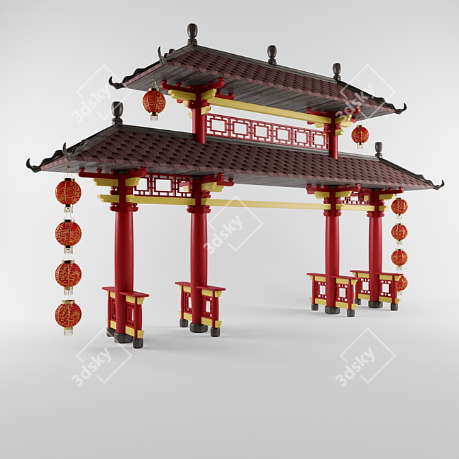 Elegant Chinese Style Gate (6400x10710x2000mm) 3D model image 1