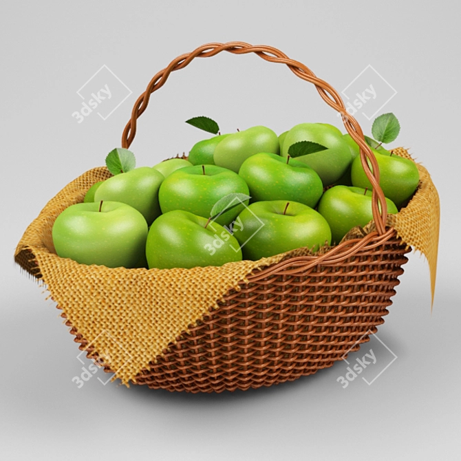 Fresh Green Apples in Woven Basket 3D model image 2